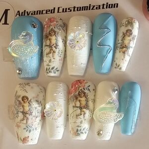 Floral and Blue Press-On Nails